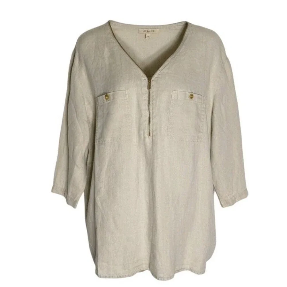 Company Ellen Tracy 100% Linen Tunic Plus 2XL Khaki Gold Career Travel Office - Picture 2 of 14